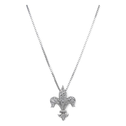 14K White Gold Diamond Pave Fleur De Lis Pendant Box Chain Necklace
