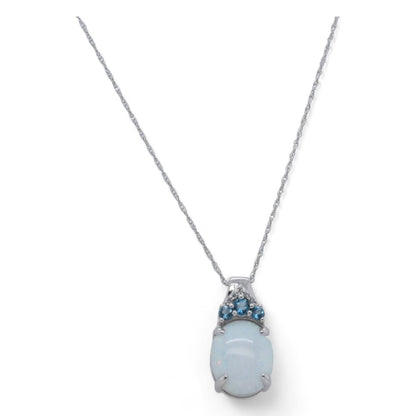 14K White Gold Created Oval Opal With London Blue Topaz Accents Pendant Necklace