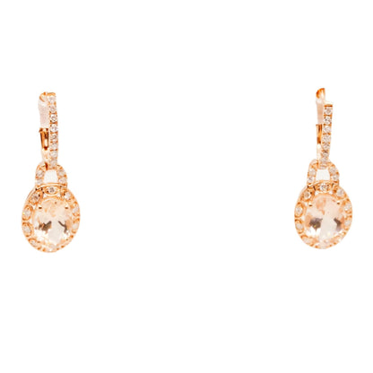 14K Rose Gold Oval Morganite Wth Diamond Halo Dangle Earrings