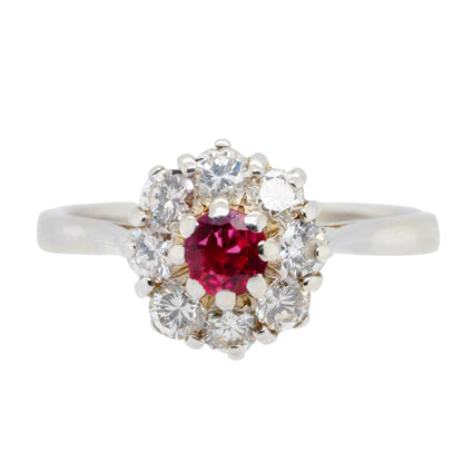 14K White Gold Ruby Center With Diamond Halo Cocktail Ring