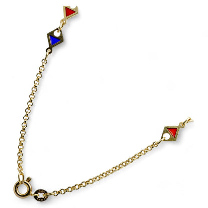 14K Gold Cable Link With Blue And Red Enamel Triangle Stations Necklace