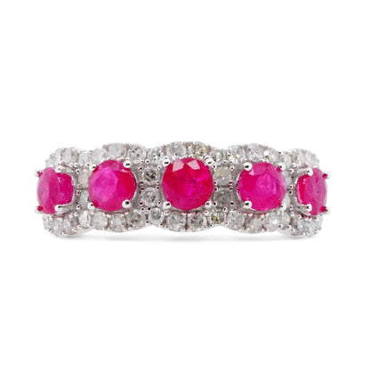 14K White Gold Round Ruby With Diamond Accents Band