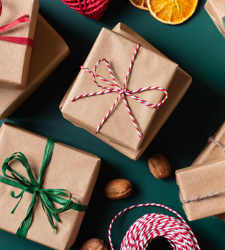 a green table with stacks of wrapped gifts