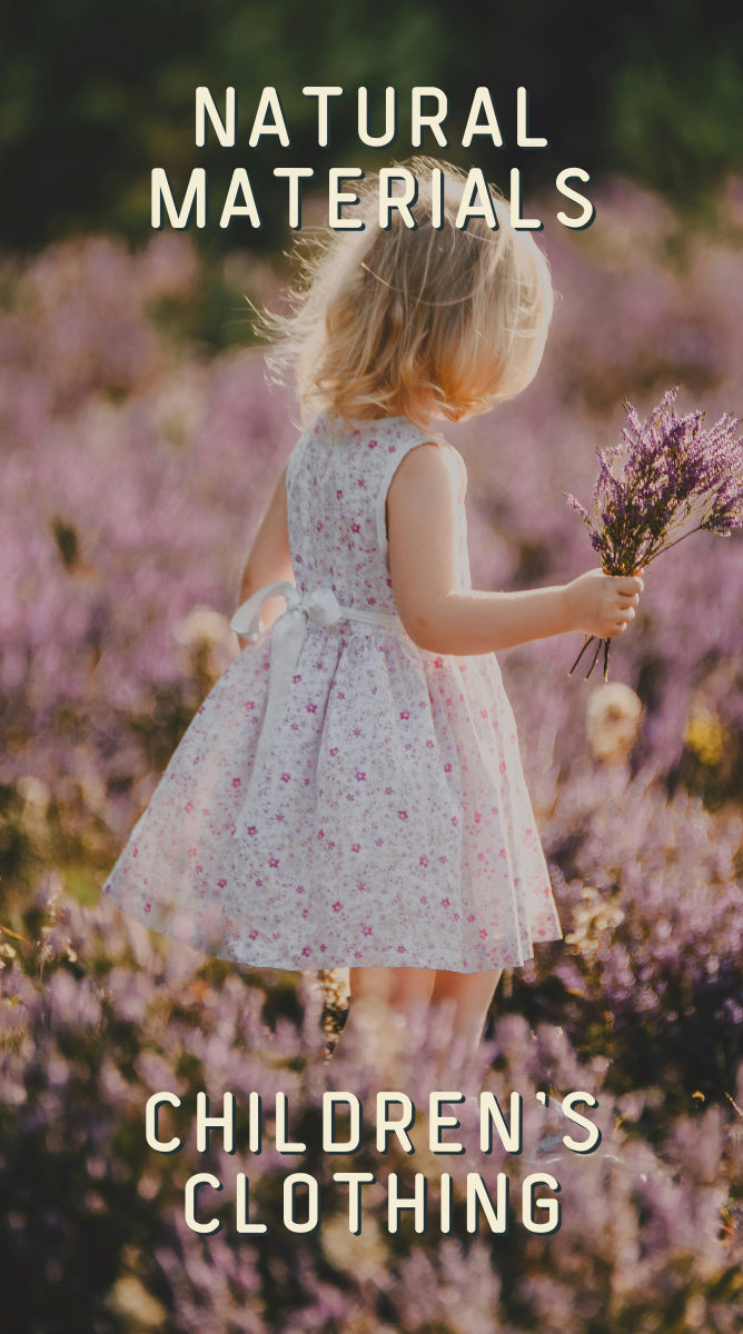 a young girl in floral dresses standing in a field with caption: "Natural Materials. Children's Clothing