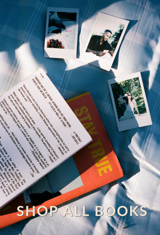 a group of polaroids and books on picnic blanket with caption "Shop All Books"